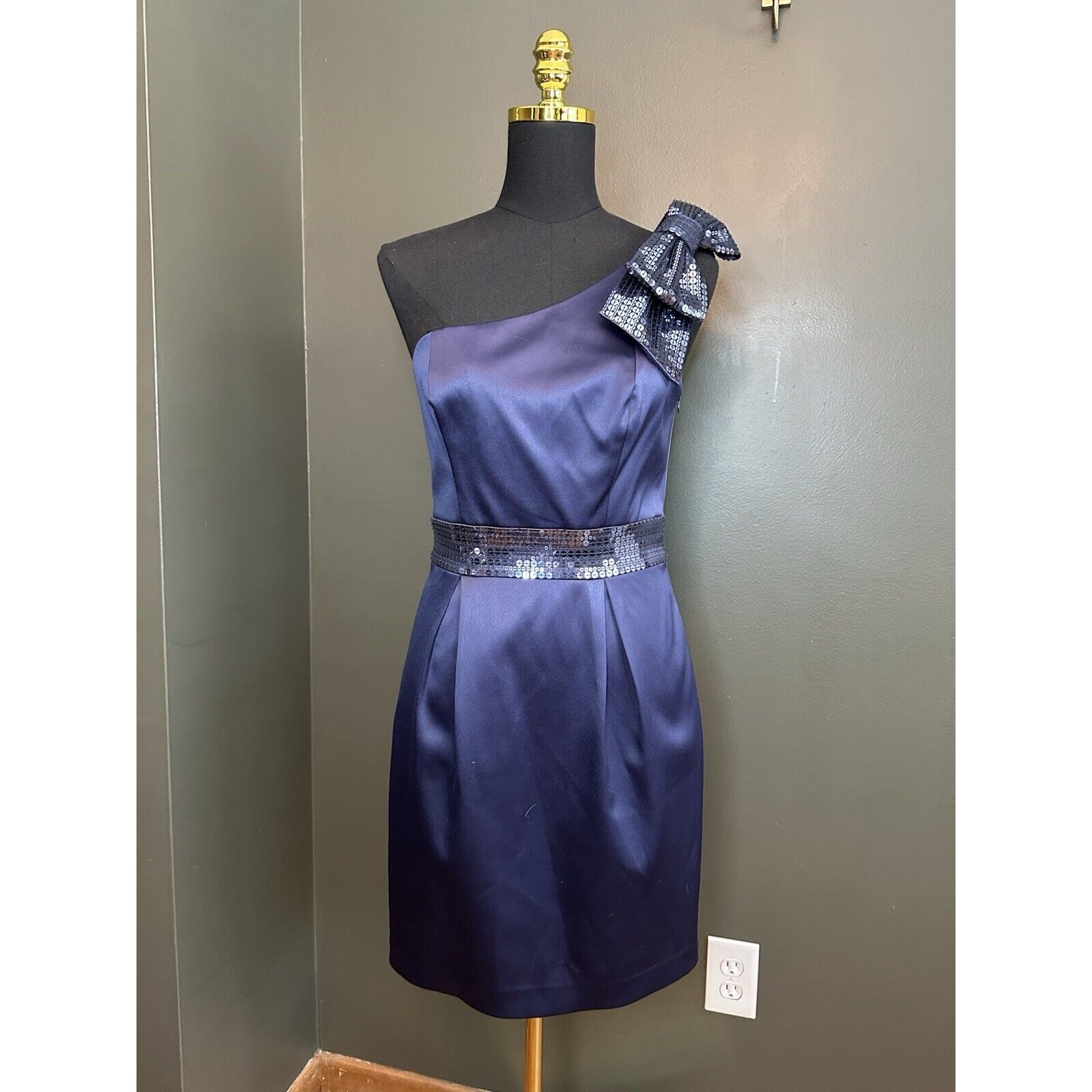 Laundry Shelli Segal Blue Sequin Bow One Shoulder Cocktail Party Dress Holiday 6
